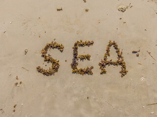 A beach with an inscription in English: sea. The letters are made by seaweed. Sea vacation after coronavirus COVID 19