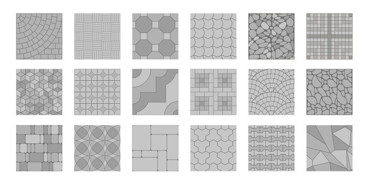 A set of street pavement. Top view. Collection of seamless patterns. Paving slabs. View from above.