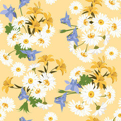 Vector seamless summer illustration with daisies, aquilegia and lilies