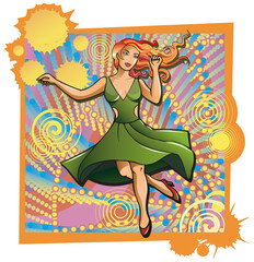 Redhead women dancing under the lights in night club, vector illustration