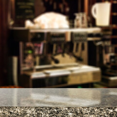 Desk of free space and cafe interior 