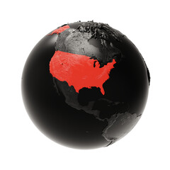 Black Embossed Earth Globe with North America. The USA is Highlighted in Red. 3d Render Isolated on White.