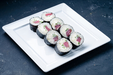 sushi roll close up for menu on grey background