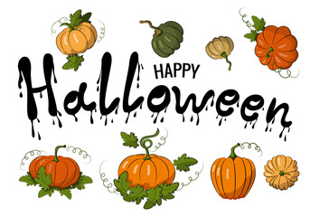 Happy Halloween lettering composition. Letters with dripping paint. Festive banner with the inscription and pumpkins. Stock vector illustration. Isolated image on a white background.