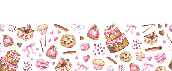 Collection of cakes, kitchen items hand-drawn in watercolor and isolated on a white background. Kitchen, cafe seamless border. High quality illustration