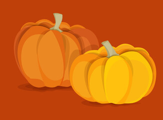 Two large different autumn pumpkins on a dark orange background. Yellow and orange.