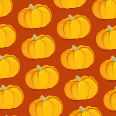 Autumn yellow pumpkins on a red background. Halloween. Pattern.