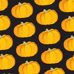 Autumn yellow pumpkins on a black background. Halloween. Pattern.