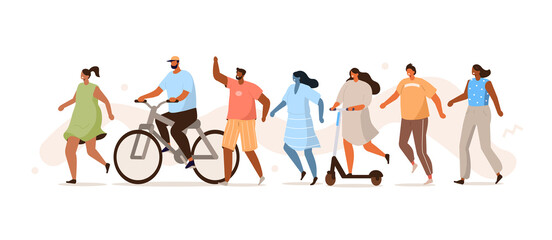 Diverse People Group Running and Jogging. Female and Male Characters Walking, Riding on Bike, Scooter and Standing Together. Young Generation Social Activists. Flat Cartoon Vector Illustration.
