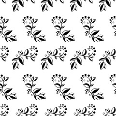 Seamless pattern with floral elements. Branch, plant, fower. Botanical endless organic background. Black on white, minimalism. Monochrome. Vector illustration