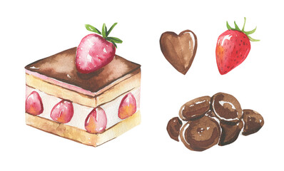 Collection of cakes, berries, chocolate hand-drawn in watercolor and isolated on a white background. High quality illustration.