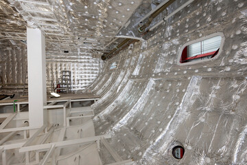 Isolated Interior of a aluminium hull. Air frame. Shipbuilding industry. Yacht builders. Casco.