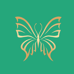 Butterfly logo.Beautiful, decorative icon with ornamental wings.Creative flying shape in golden color isolated on green background.Beauty,spa,fashion,luxury boutique,elegant art style.