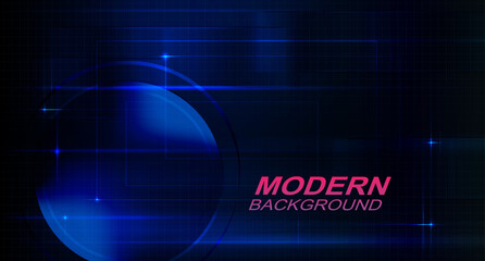 Abstract dark design with blue color gradient, light lines with glitter, round frame