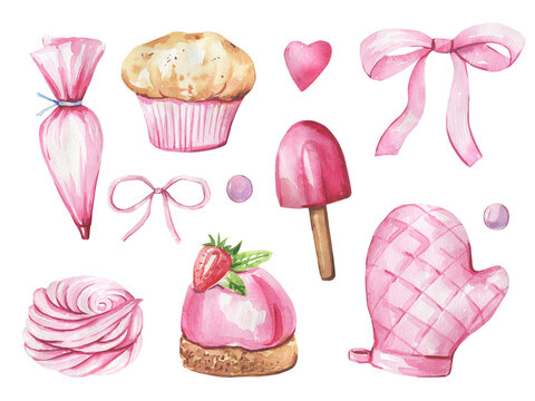 Collection of cakes, kitchen items hand-drawn in watercolor and isolated on a white background. High quality illustration.