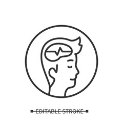 Calm mind icon. Man head with peaceful thinking linear pictogram. Concept of mediation, mindfulness, concentration and meditation practice. Editable stroke vector personal development illustration