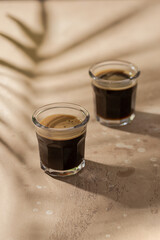 Espresso with foam on beige background with palm tree shadow. Modern stylish image of coffee