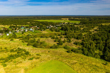 Fototapeta na wymiar an ancient monastery and surroundings at the site of the hostilities of the war of 1812 on the Borodino field filmed from a drone