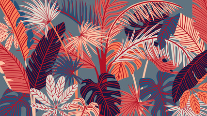 Tropical forest art deco wallpaper. Floral pattern with exotic flowers and leaves, split-leaf Philodendron plant ,monstera plant, Jungle plants line art on trendy background. Vector illustration.