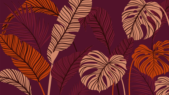 Tropical forest art deco wallpaper. Floral pattern with exotic flowers and leaves, split-leaf Philodendron plant ,monstera plant, Jungle plants line art on trendy background. Vector illustration. © TWINS DESIGN STUDIO