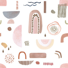 Abstract seamless pattern, modern simple shapes. Bohemian style gouache brushstrocke art. Dusty colors, blue, pink beige, terracotta