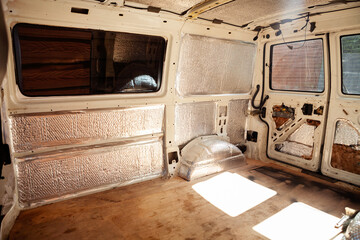 Conversion of a t4 van into a camper van.. Sound proofing and insulation have been added. © victoria ashman