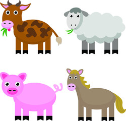 Pets from the farm. Cow, sheep, pig, horse. Drawing in a vector.