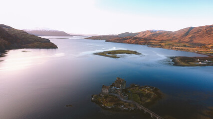 Fototapeta na wymiar Aerial Eilean Donan Castle, Scottish highlands