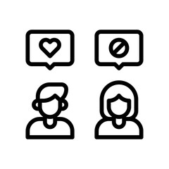 elections related boy and girl with messages popups, heart and restriction sign vector in lineal style,