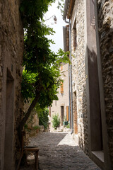 The medieval stone architecture and the old narrow street of Minerve, the most beautiful medieval village of France, located in the picturesque mountain  valley in Pyrenees