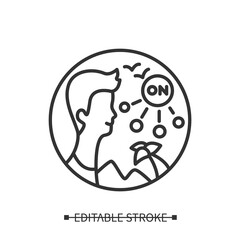 Vacation icon. Man enjoying all inclusion resort leisure time with palm tree linear pictogram. Concept of traveling and summer recreation. Editable stroke vector goal setting illustration