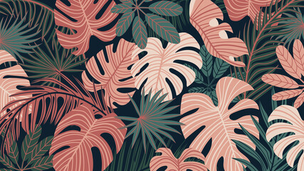 Obrazy na Szkle  Tapeta w stylu art deco lasów tropikalnych. Kwiatowy wzór z egzotycznymi kwiatami i liśćmi, rozszczepiony liść Philodendron, roślina monstera, grafika liniowa rośliny dżungli na modnym tle. Ilustracja wektorowa.