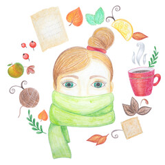 autumn illustration with a girl in the center and various objects around
