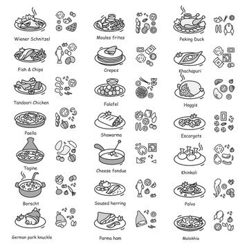 National dishes icons set. Traditional cuisine recipes and ingredients linear pictograms. European, Asian and Eastern gourmet food cooking and restaurant menu illustrations. Editable stroke vectors