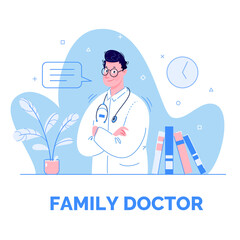 Obraz premium Family doctor raster template. Brochure design, cover, poster layout, flyer for advertising medical services, information for patients.