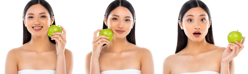 Obraz na płótnie Canvas Collage of asian woman posing with green apple in hand and near face isolated on white