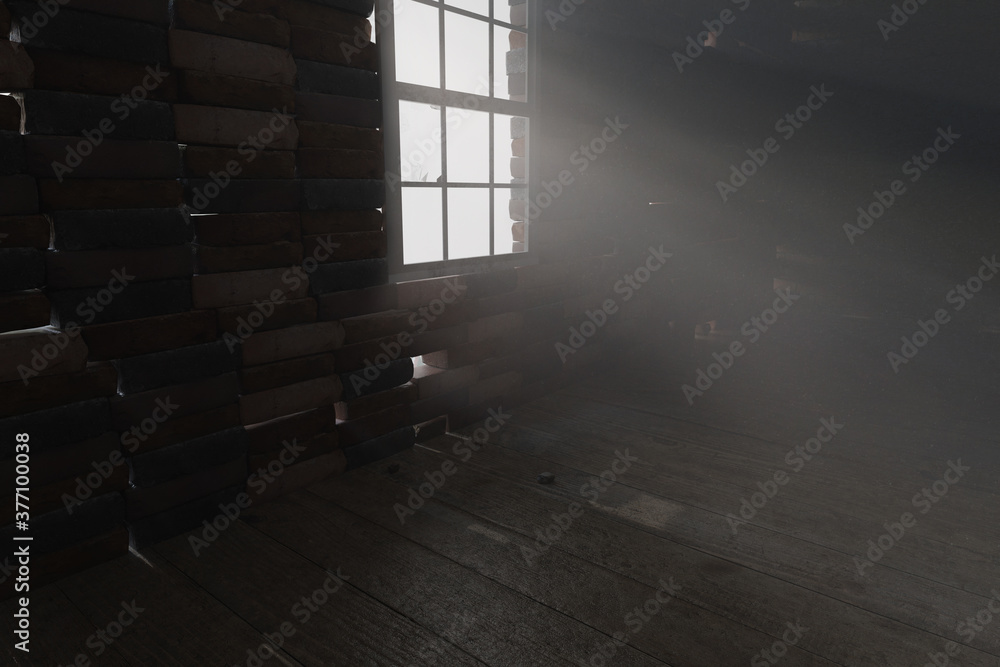 Aufkleber 3d rendering of abandoned loft room with light rays at window
