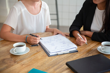 Young female colleagues meeting and discussing business plan, writing strategy scheme on paper,...