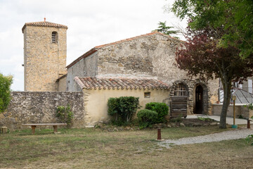 The medieval village Rennes le Chateau located in magnificent montain valley with alpine meadow,...