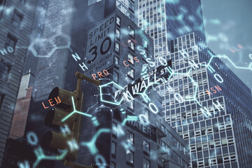 Double exposure of sience formula drawing and cityscape background. Concept of education.