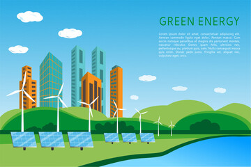 Landscape with skyscrapers, solar panels and wind turbines for generating electricity. Renewable, clean, green energy concept banner design. Flat style vector illustration. Place for your text