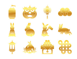 icon set of mid autumn and rabbits, gradient style