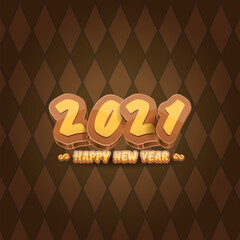 Cartoon 2021 Happy new year label or greeting card with colorful numbers and greeting text. Happy new year label or icon isolated on vintage brown background
