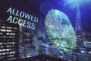 Double exposure of finger print hologram and cityscape background. Concept of personal security.
