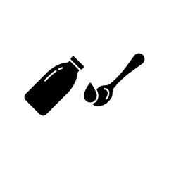 Silhouette icon set of syrup bottle, drop, measuring spoon. Outline image for instruction, medication schedule, packaging. Black potion illustration. Flat isolated vector of drug solution dose