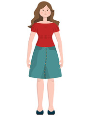 Standing woman front view. Smiling female character.