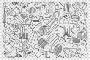 Fototapeta na wymiar Shopping doodle set. Collection of hand drawn sketches templates patterns of male female clothing outfit at shop on transparent background. Discounts retail and sale illustration