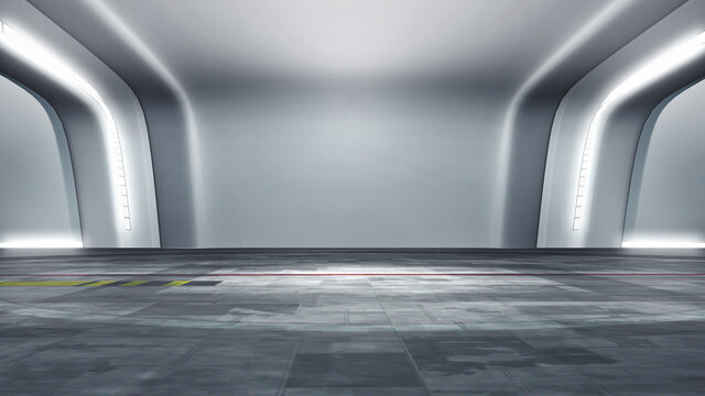 Futuristic virtual studio backdrop. Ideal for virtual tracking system sets, with green screen. (3D rendering)