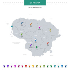 Lithuania map with location pointer marks. Infographic vector template, isolated on white background.
