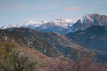 Escuain Valley and peaks of the Ordesa and Monte Perdido National Park. Pyrenees. Huesca. Aragon. Spain.